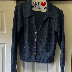 Heartloom Blue Cable Knit Cardigan with Gold Buttons